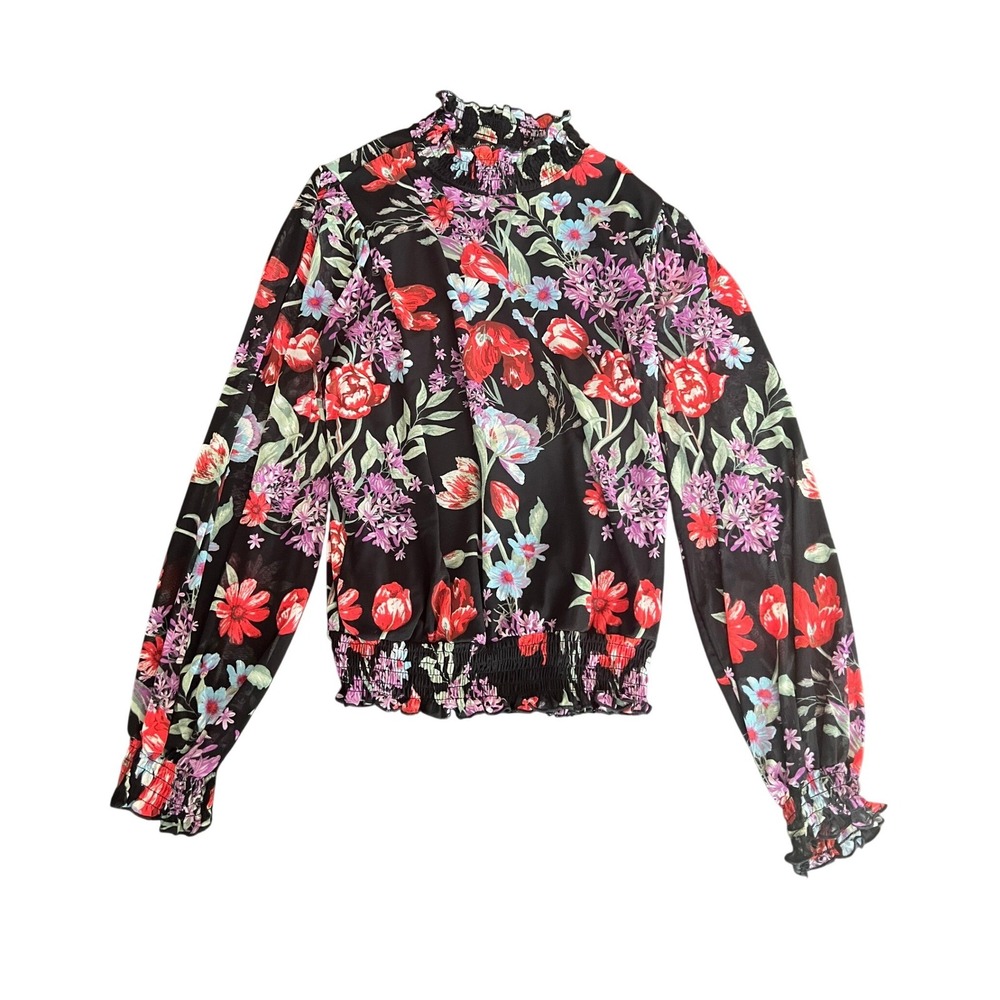 80 Park Floral Mesh Smocked Mock Neck Blouse Black Long Sleeve L (1111)
